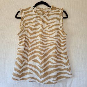 New LOFT Animal Print Textured Ruffle Sleeveless Top in tan and white